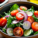 **

A vibrant, colorful seasonal salad bursting with fresh, local organic ingredients. Close-up shot highlighting the textures of crisp arugula, juicy cherry tomatoes, refreshing cucumber slices, and crunchy red onion. Drizzled generously with golden extra virgin olive oil. The scene should evoke the feeling of a bountiful harvest and the freshness of the earth. In a rustic Arabic-style setting.

**
