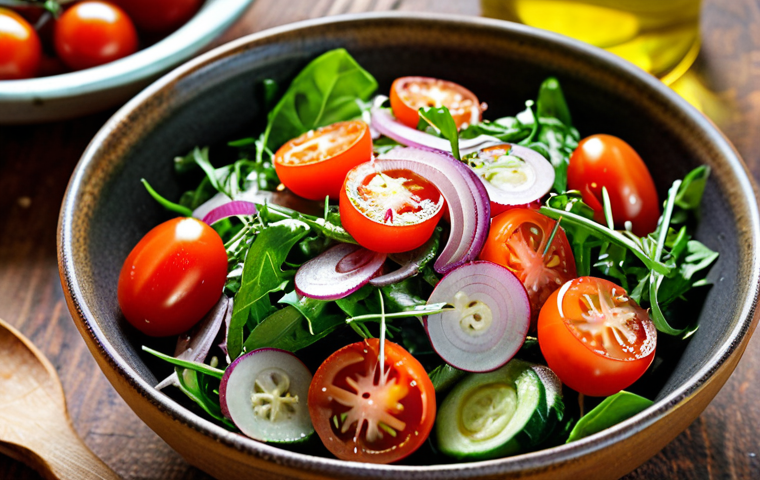 **
A vibrant, colorful seasonal salad bursting with fresh, local organic ingredients. Close-up shot highlighting the textures of crisp arugula, juicy cherry tomatoes, refreshing cucumber slices, and crunchy red onion. Drizzled generously with golden extra virgin olive oil. The scene should evoke the feeling of a bountiful harvest and the freshness of the earth. In a rustic Arabic-style setting.
**