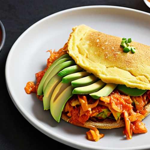 Home 14 **Kimchi Breakfast Fusion:** A vibrant omelet filled with chopped kimchi and a side of avocado toast topped with kimchi, capturing a refreshing and spicy start to the day.