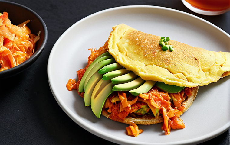 **Kimchi Breakfast Fusion:** A vibrant omelet filled with chopped kimchi and a side of avocado toast topped with kimchi, capturing a refreshing and spicy start to the day.