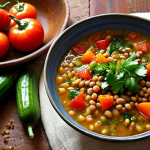 A close-up shot of a steaming, rich bowl of authentic Middle Eastern soup, possibly a lentil or vegetable soup, radiating warmth and comfort. Around the bowl, arrange an assortment of vibrant, freshly harvested local vegetables and herbs, such as plump red tomatoes, crisp cucumbers, aromatic parsley, and colorful bell peppers, their dew-kissed surfaces suggesting they were just picked from a bountiful Arab farm. The setting is a rustic, cozy kitchen table, bathed in soft, inviting light, emphasizing the deep connection to the land and the authentic taste of wholesome, locally sourced ingredients.
