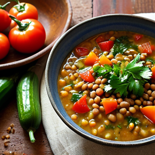 Home 7 A close-up shot of a steaming, rich bowl of authentic Middle Eastern soup, possibly a lentil or vegetable soup, radiating warmth and comfort. Around the bowl, arrange an assortment of vibrant, freshly harvested local vegetables and herbs, such as plump red tomatoes, crisp cucumbers, aromatic parsley, and colorful bell peppers, their dew-kissed surfaces suggesting they were just picked from a bountiful Arab farm. The setting is a rustic, cozy kitchen table, bathed in soft, inviting light, emphasizing the deep connection to the land and the authentic taste of wholesome, locally sourced ingredients.