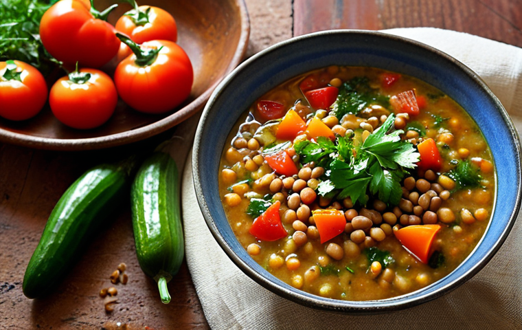 A close-up shot of a steaming, rich bowl of authentic Middle Eastern soup, possibly a lentil or vegetable soup, radiating warmth and comfort. Around the bowl, arrange an assortment of vibrant, freshly harvested local vegetables and herbs, such as plump red tomatoes, crisp cucumbers, aromatic parsley, and colorful bell peppers, their dew-kissed surfaces suggesting they were just picked from a bountiful Arab farm. The setting is a rustic, cozy kitchen table, bathed in soft, inviting light, emphasizing the deep connection to the land and the authentic taste of wholesome, locally sourced ingredients.